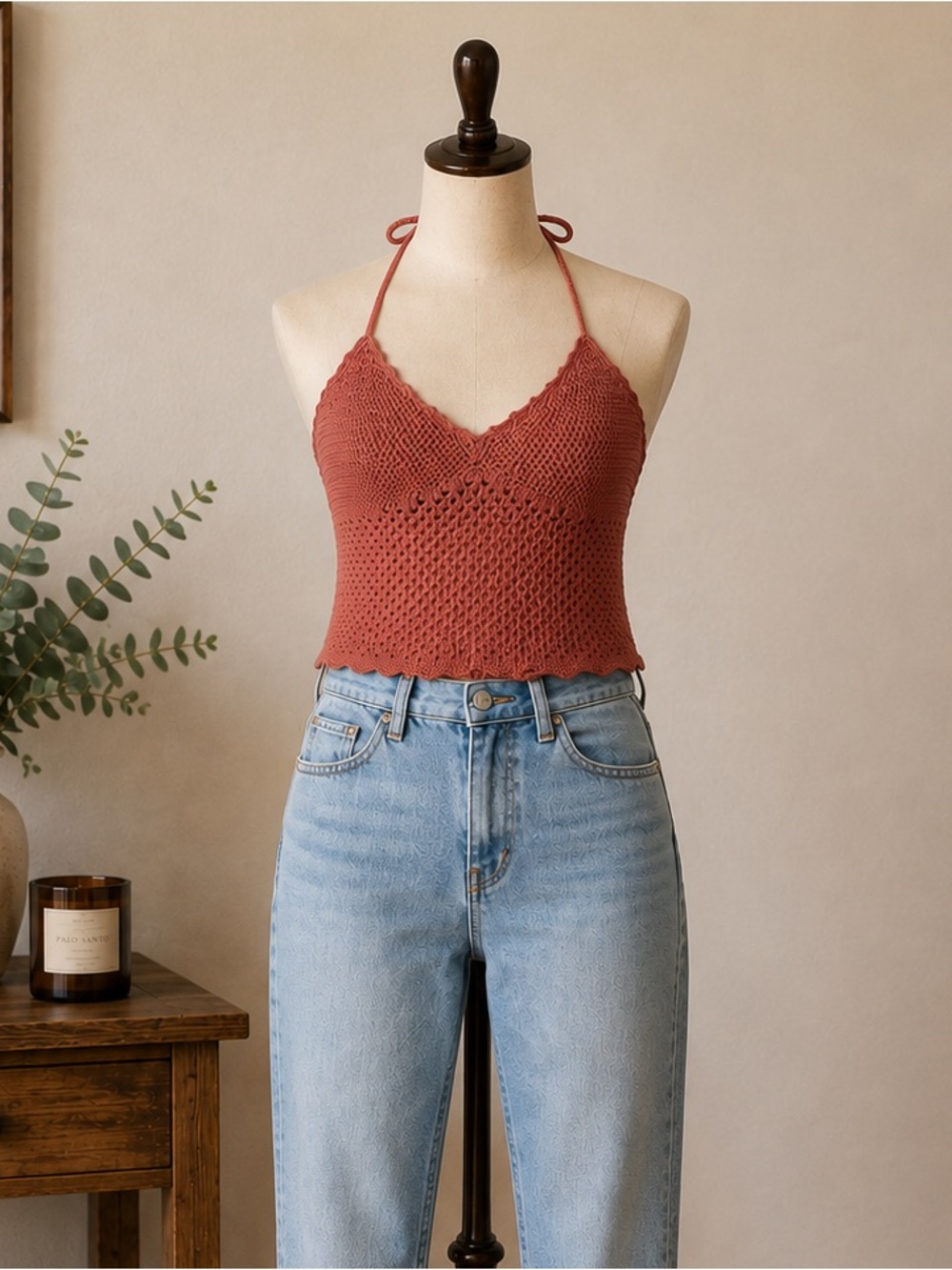 Aritzia Wilfred Beauty Crochet Halter Top XS Earthen Red Boho Y2K Coastal